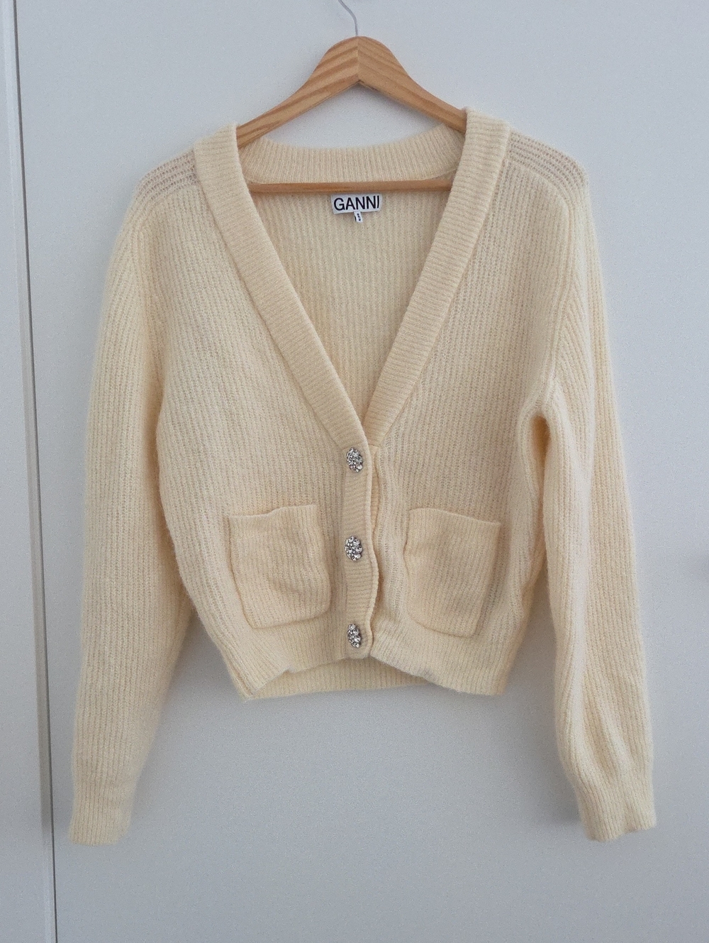 Ganni Butter Yellow V-Neck Cardigan with Jewel Buttons - M